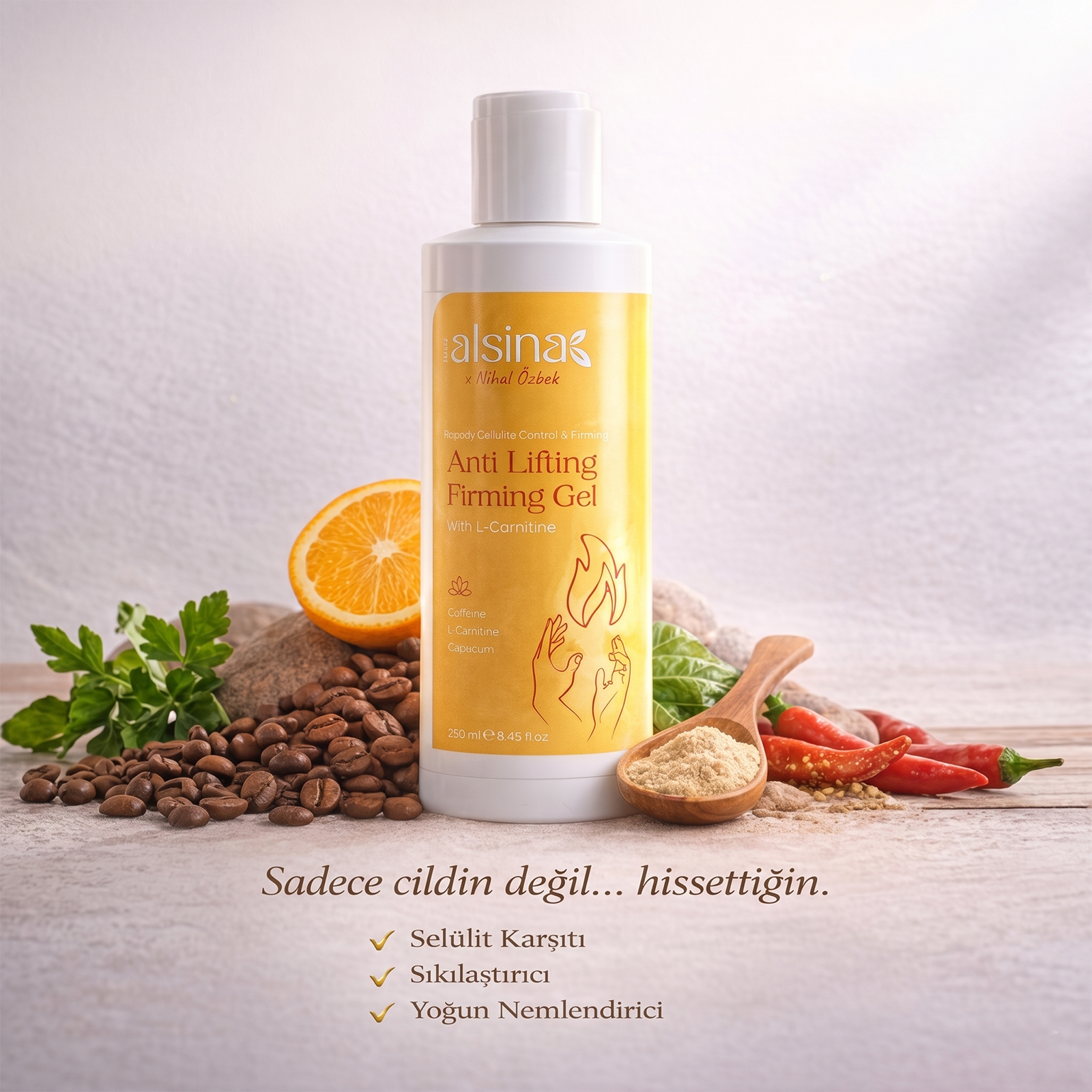 Alsina x Nihal Özbek - Anti Lifting Firming Gel | L-Carnitine & Kafein Destekli Sıkılaştırıcı ve Selülit Karşıtı Jel (250ml)