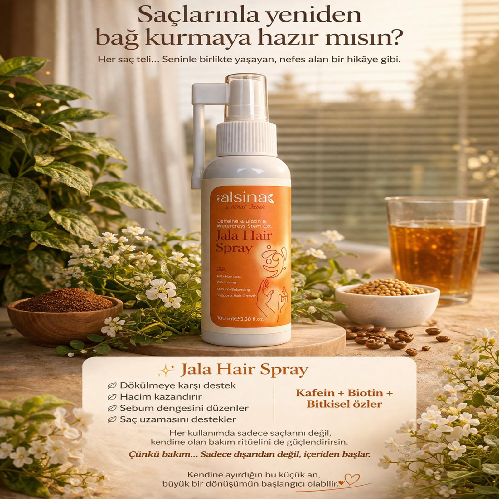 Alsina by Nihal Özbek Jala Hair Spray – Kafein & Biotin İçerikli Saç Güçlendirici & Hacim Veren Sprey